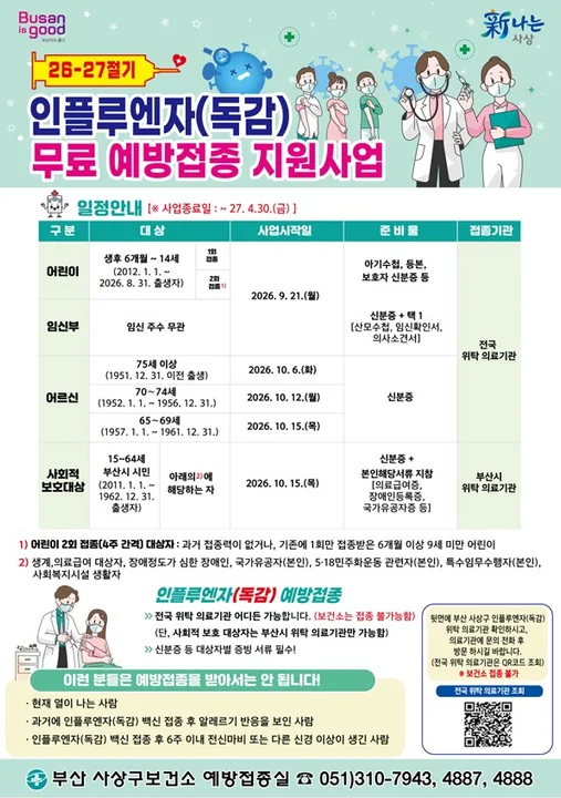 부산 사상구, 6일부터 독감·코로나19 무료 예방접종 시작 보도자료 제공 이미지